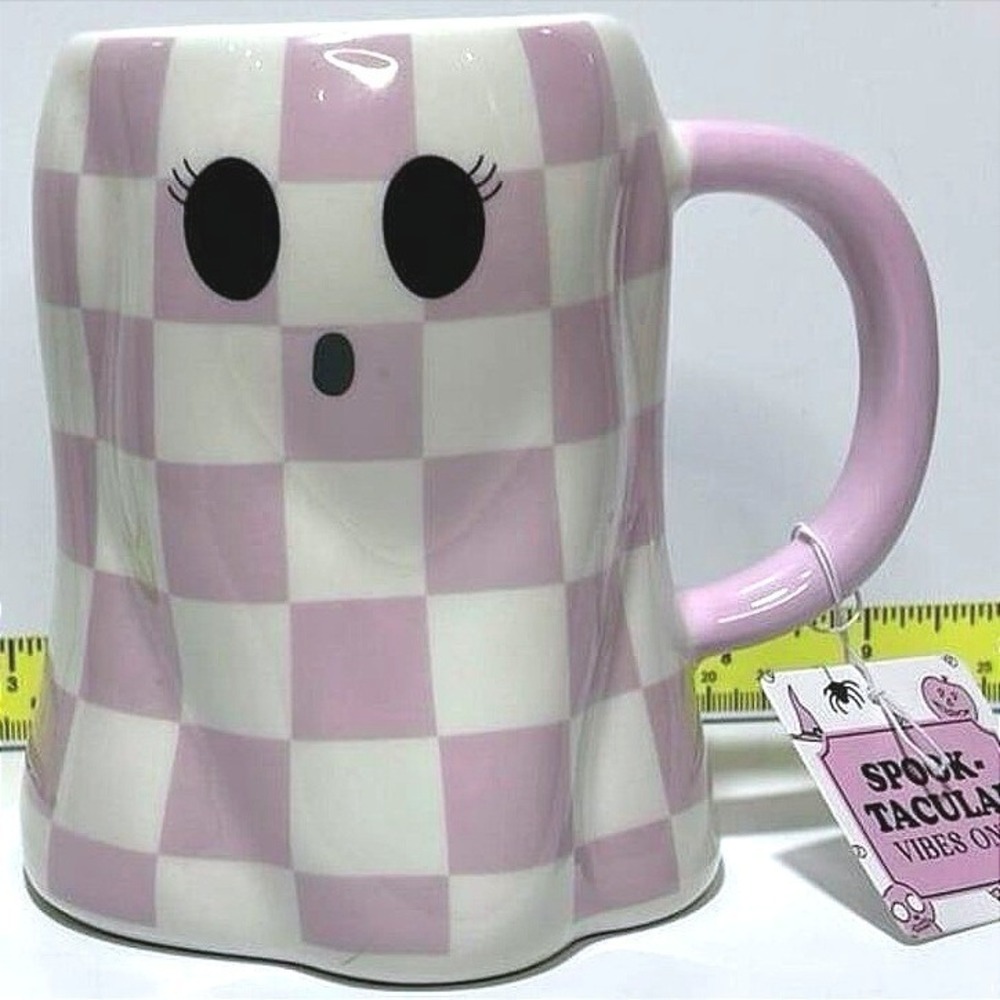 NWT Sunday Morning Ghost Mug‎ Pink Checkered Halloween Ceramic 17oz